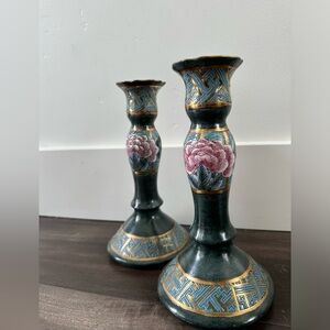 Set of 2 Vintage Chinoiserie Toyo Porcelain Candlestick Hand Painted Floral